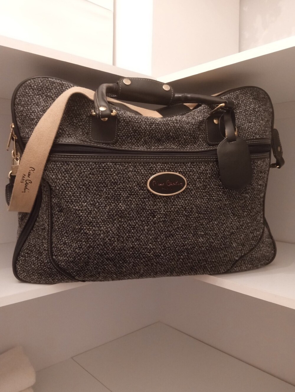 Pierre Cardin Vintage Black White Tweed Lock Key Over Night Hand Cross Body Bag